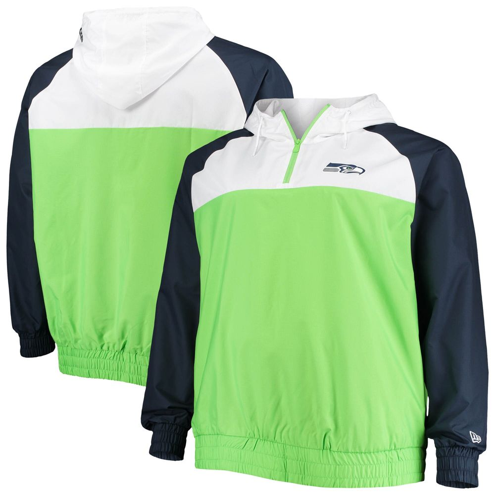 Men's New Era Neon Green/College Navy Seattle Seahawks Big & Tall League Raglan Quarter-Zip Hoodie