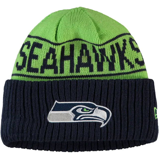 New Era Neon Green/College Navy Seattle Seahawks 2022 Sideline Cuffed Pom Knit Hat