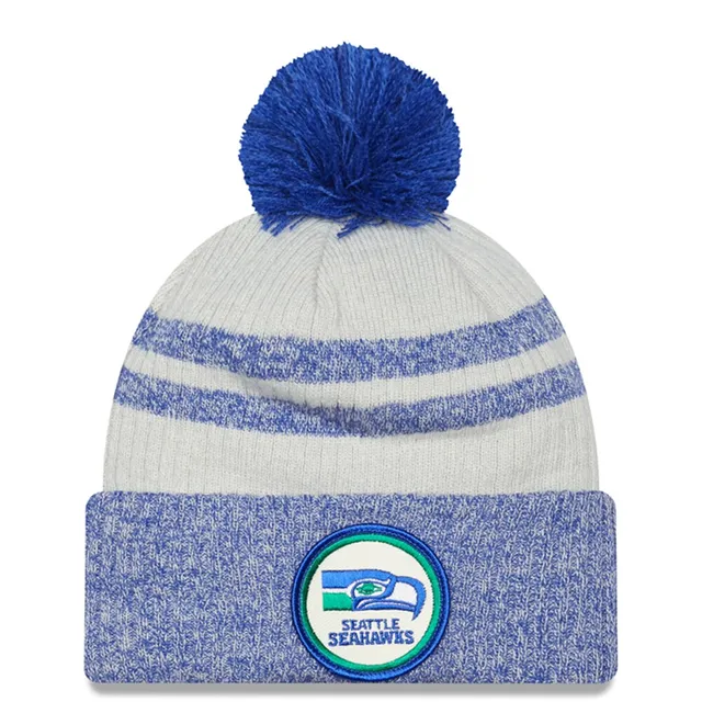 Youth New Era Royal Seattle Seahawks 2021 NFL Sideline Sport Historic Pom Cuffed Knit Hat