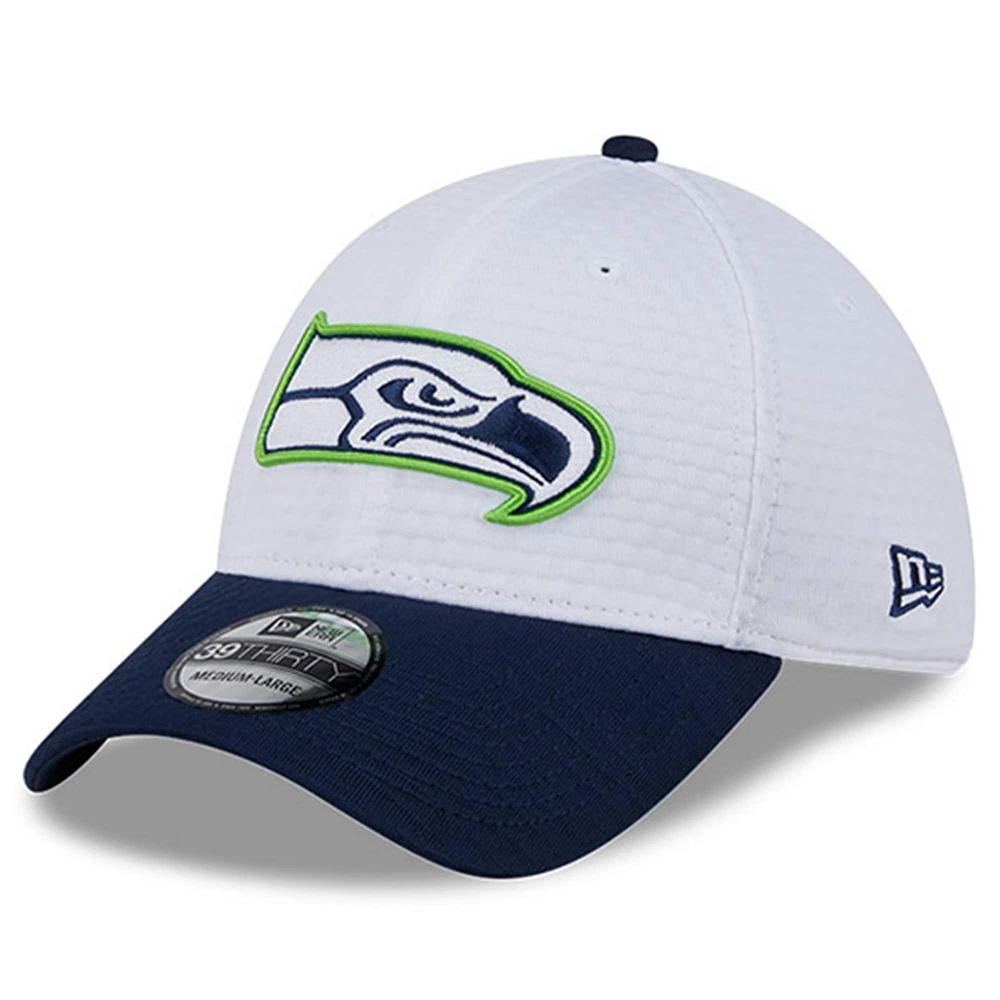 Men's New Era White/College Navy Seattle Seahawks 2024 NFL Training Camp 39THIRTY Flex Hat