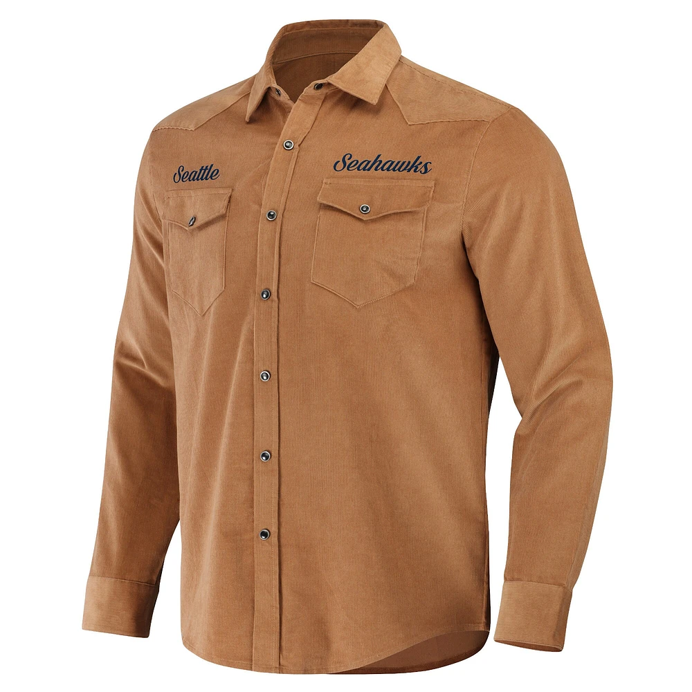 Chemise à boutons-pression complète pour homme de la collection NFL x Darius Rucker par Fanatics, couleur tan, Seattle Seahawks Western