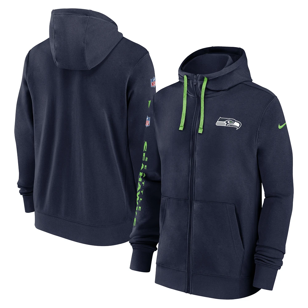 Sweat à capuche entièrement zippé Nike College Navy Seattle Seahawks 2024 Sideline Club pour homme