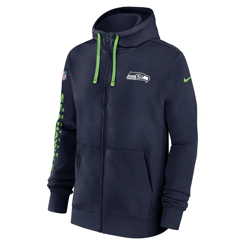 Men's Nike College Navy Seattle Seahawks 2024 Sideline Club Full-Zip Hoodie