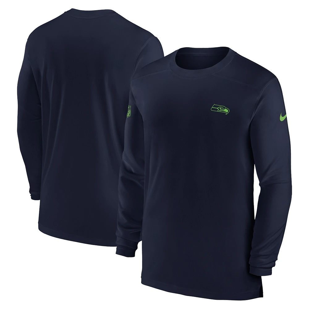 T-shirt à manches longues Nike College Navy Seattle Seahawks Sideline Coach Performance pour homme