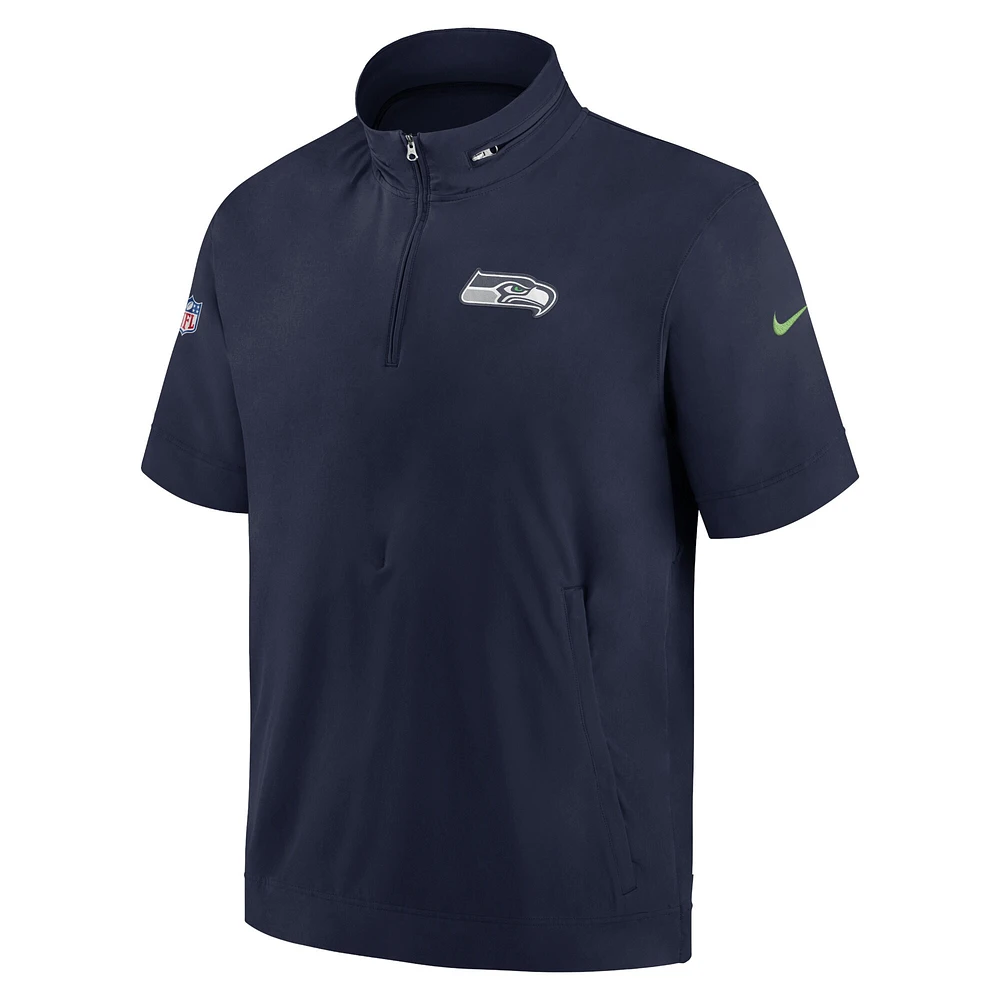 Men's Nike College Navy Seattle Seahawks Sideline Coach Short Sleeve Hoodie Quarter-Zip Jacket