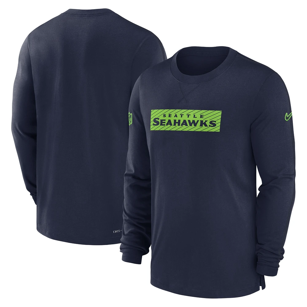 T-shirt à manches longues Nike College Navy pour homme Seattle Seahawks Sideline Player Performance