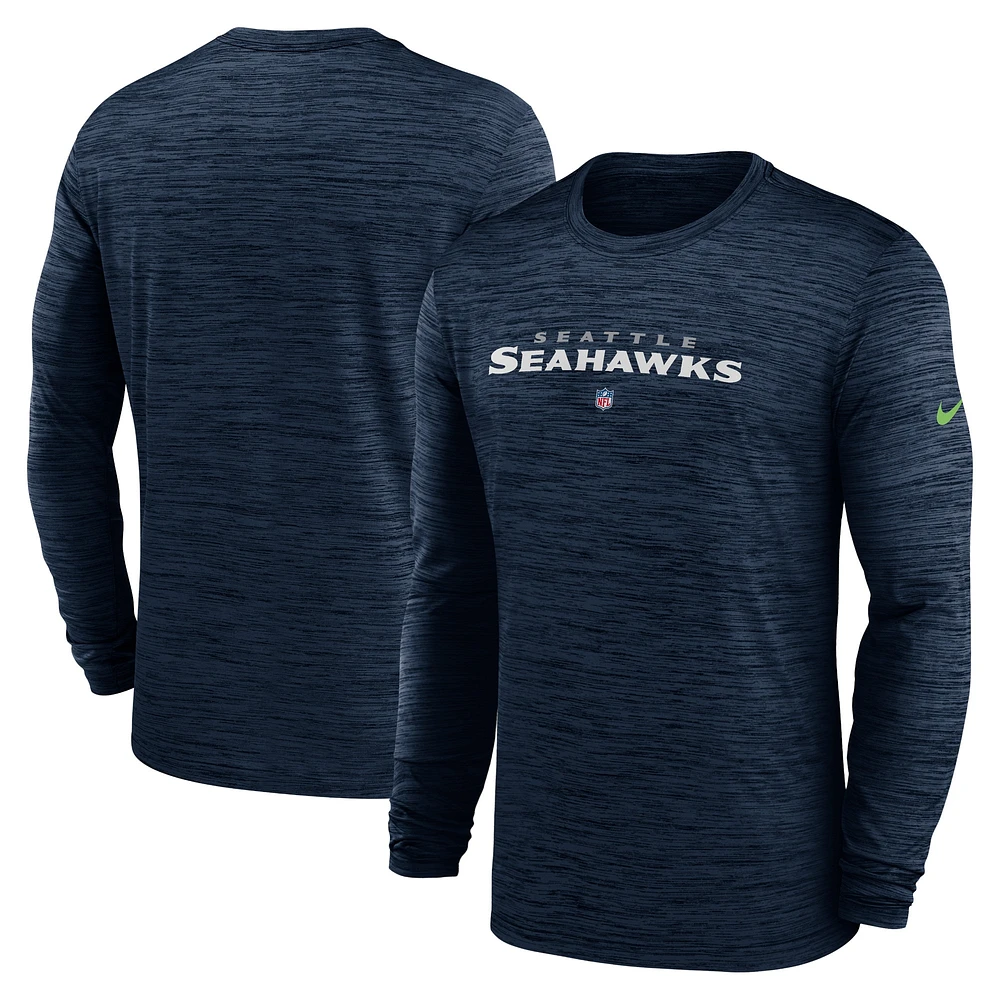 T-shirt à manches longues Nike College Navy Seattle Seahawks Sideline Team Velocity Performance pour hommes