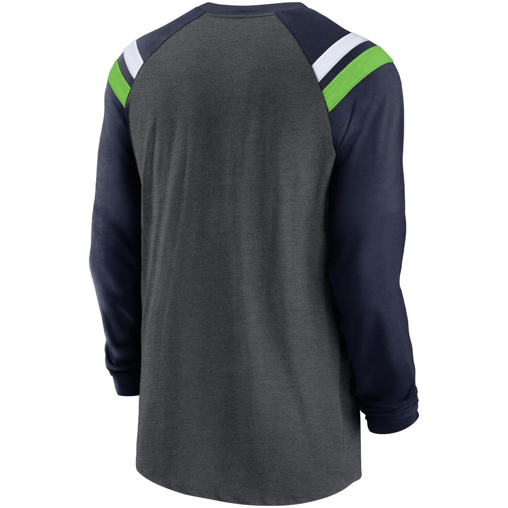 Men's Nike Heathered Charcoal/College Navy Seattle Seahawks Tri-Blend Raglan Athletic Long Sleeve Fashion T-Shirt