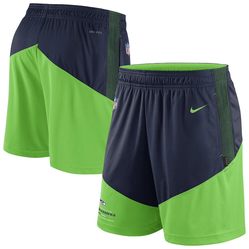 Short de performance pour homme Seattle Seahawks Sideline Primary Lockup Nike - Bleu marine/Vert fluo