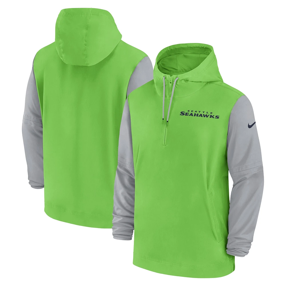 Veste à capuche 1/2 zip Nike vert fluo/gris pour homme Seattle Seahawks 2024/25 Sideline Pre-Game Player