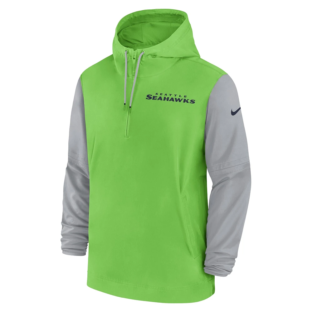 Veste à capuche 1/2 zip Nike vert fluo/gris pour homme Seattle Seahawks 2024/25 Sideline Pre-Game Player