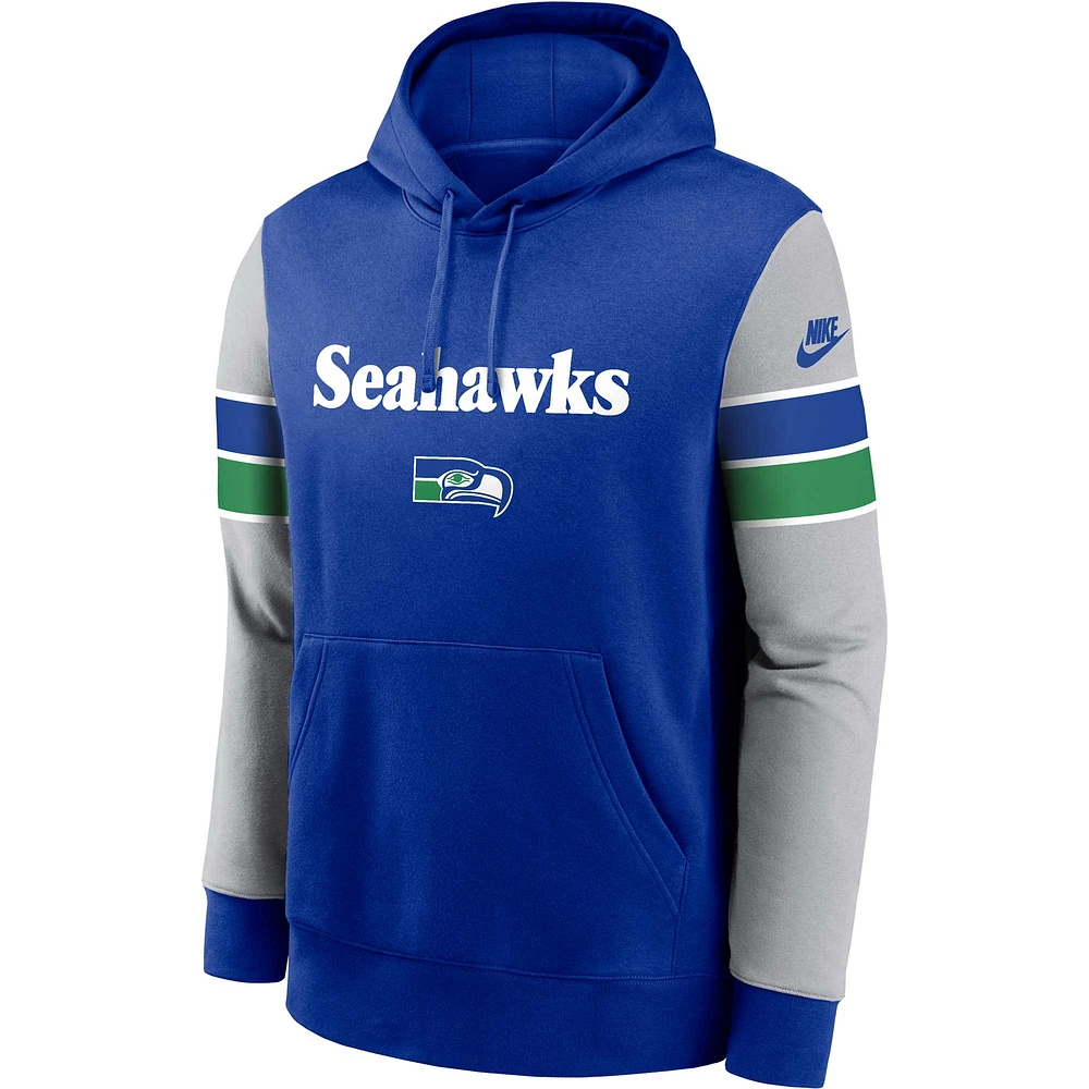 Sweat à capuche Nike bleu royal/gris Seattle Seahawks Throwback Sideline pour homme