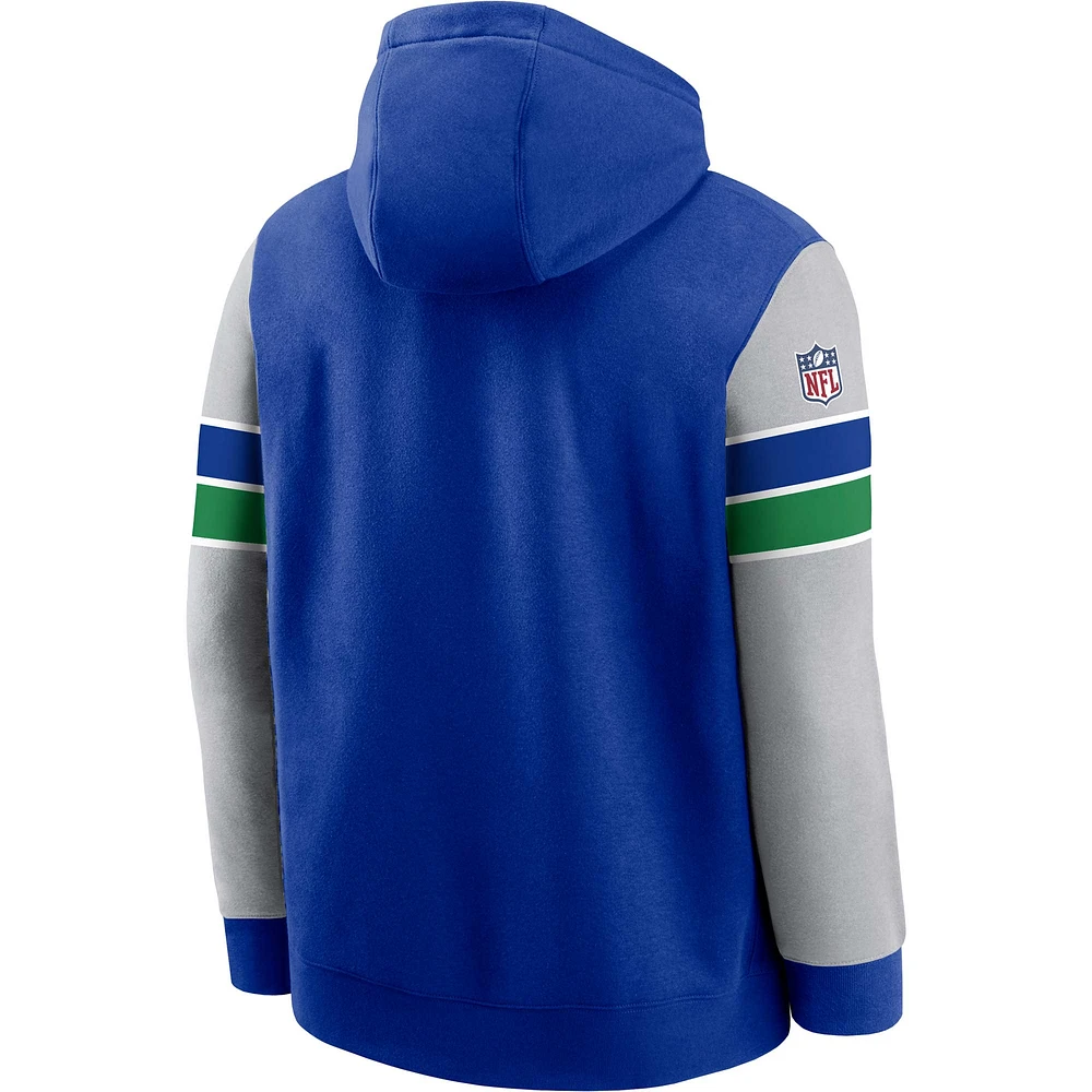 Sweat à capuche Nike bleu royal/gris Seattle Seahawks Throwback Sideline pour homme