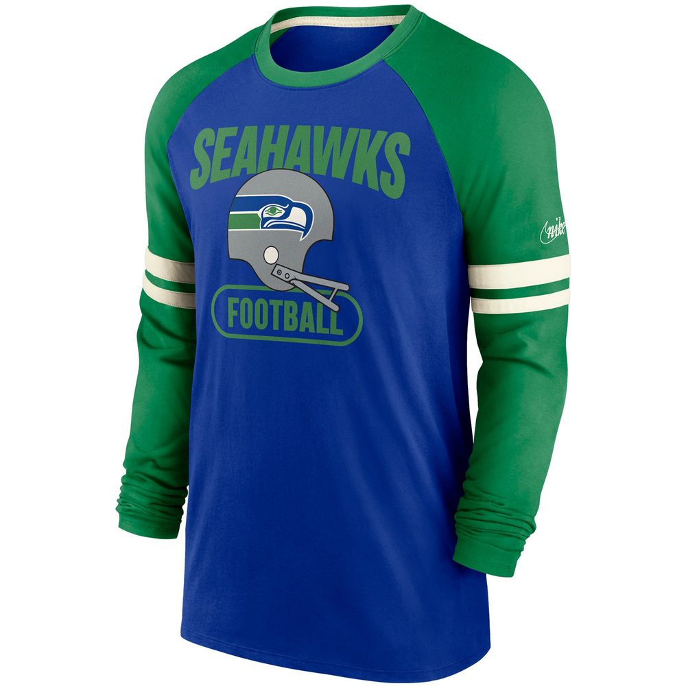 Nike Men's Royal and Kelly Green Seattle Seahawks Throwback Raglan Long Sleeve T-Shirt Blue