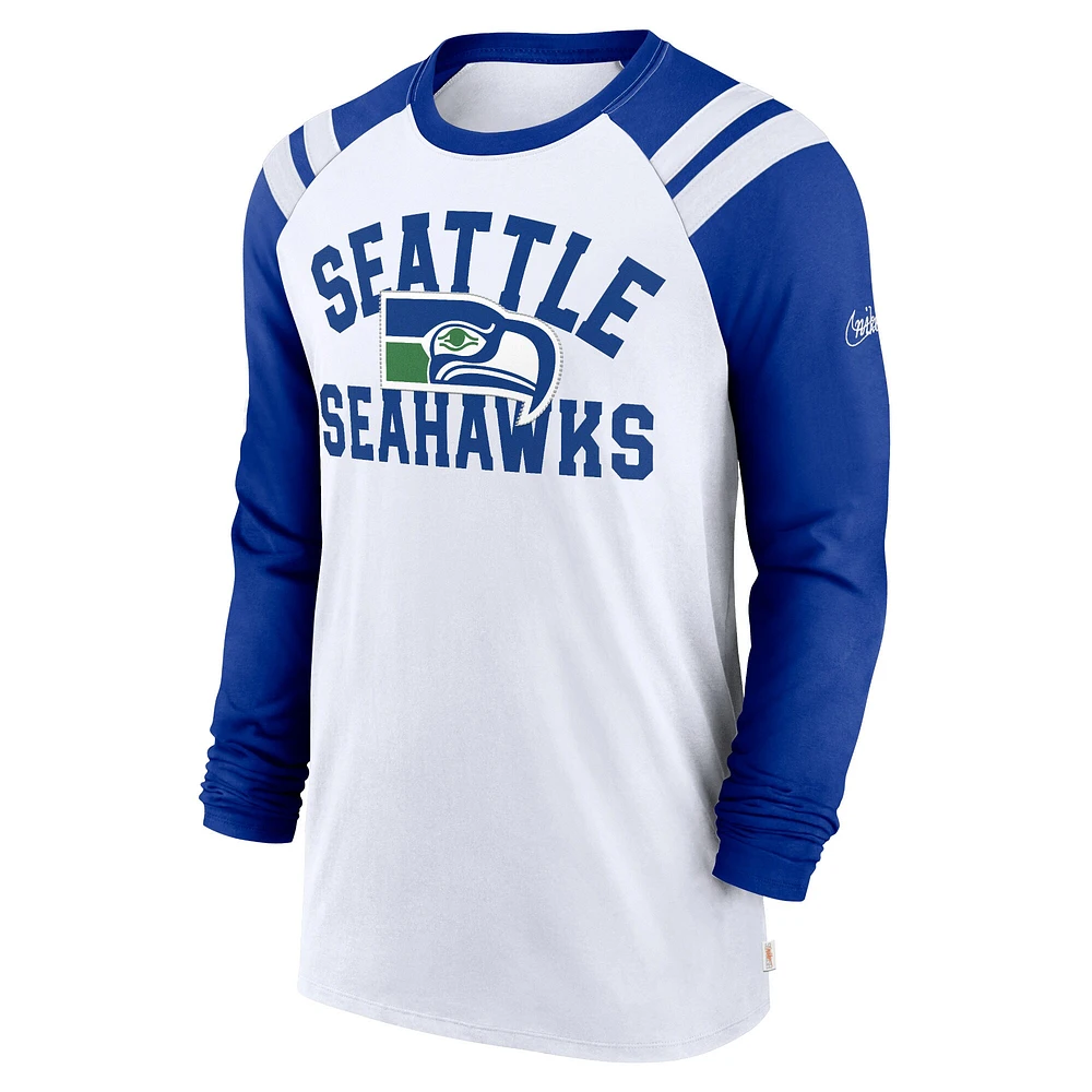 T-shirt à manches longues Nike pour hommes, blanc/royal, Seattle Seahawks Classic Arc Raglan Tri-Blend