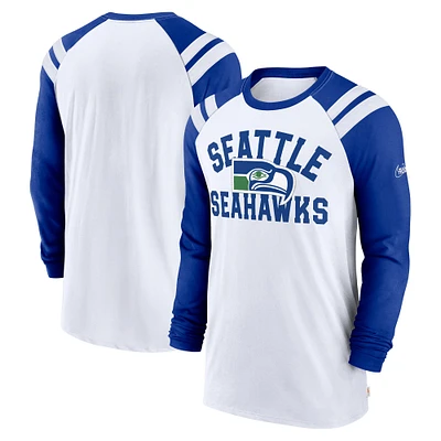 T-shirt à manches longues Nike pour hommes, blanc/royal, Seattle Seahawks Classic Arc Raglan Tri-Blend