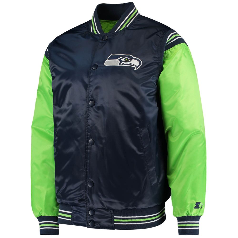 Men's Starter College Navy/Neon Green Seattle Seahawks Enforcer Satin Full-Snap - Varsity Jacket