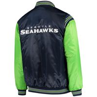 Men's Starter College Navy/Neon Green Seattle Seahawks Enforcer Satin Full-Snap - Varsity Jacket