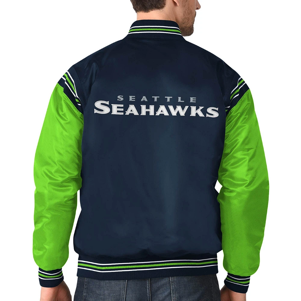Men's Starter College Navy/Neon Green Seattle Seahawks Enforcer Satin Full-Snap - Varsity Jacket