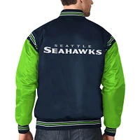 Men's Starter College Navy/Neon Green Seattle Seahawks Enforcer Satin Full-Snap - Varsity Jacket