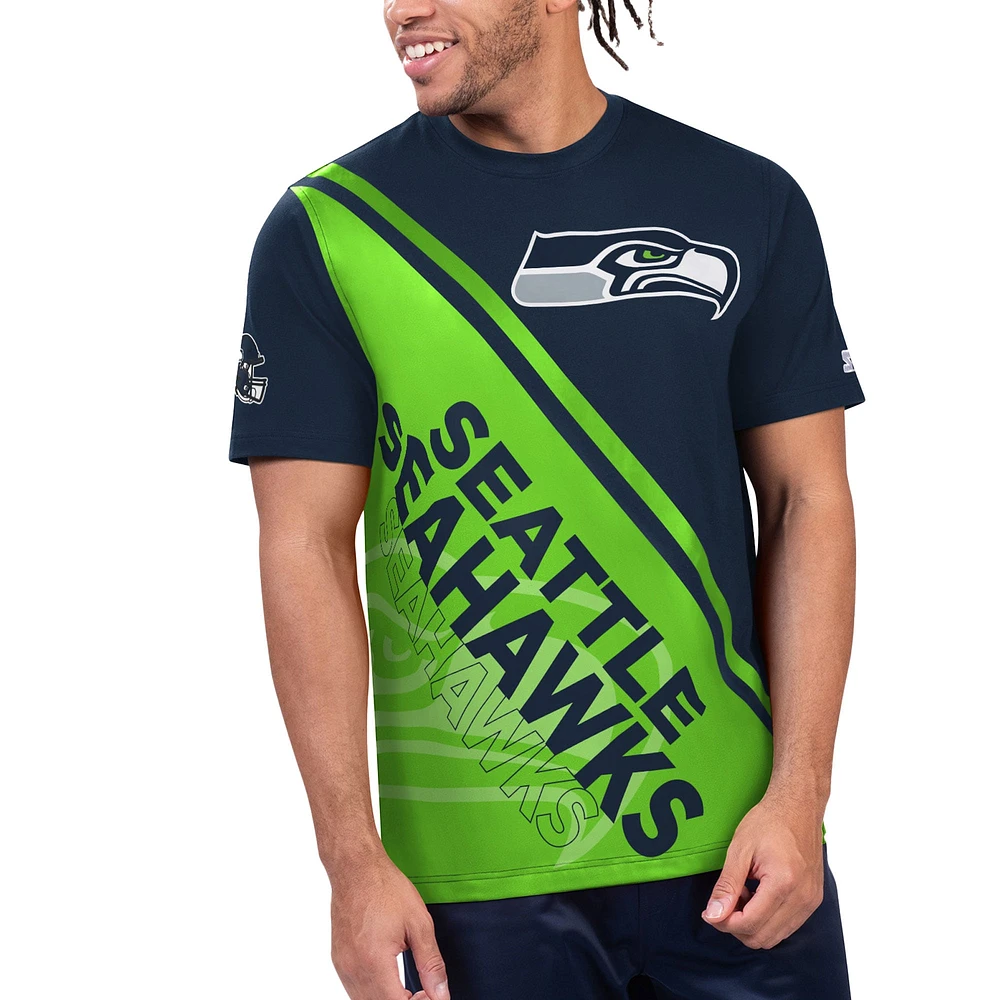 T-shirt graphique Starter College Navy/Vert fluo pour hommes des Seattle Seahawks Finish Line Extreme