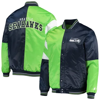 Seattle Seahawks Starter Leader Varsity Satin Full-Snap Jacket - College Navy/Neon Green