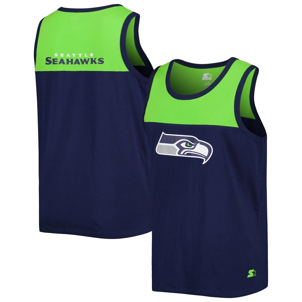 Débardeur Starter College bleu marine/vert fluo Seattle Seahawks Logo Touchdown pour homme