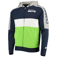 Men's Starter College Navy/Neon Green Seattle Seahawks Playoffs Color Block Full-Zip Hoodie