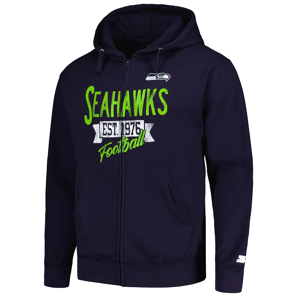 Men's Starter Navy Seattle Seahawks Domestic Post Season Full-Zip Hoodie