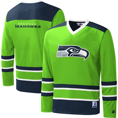 T-shirt à manches longues et col en V Seattle Seahawks Starter Neon Green pour homme