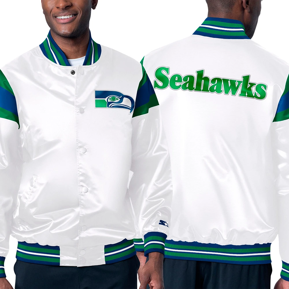 Veste universitaire à bouton-pression en satin Starter White Seattle Seahawks Throwback pour hommes