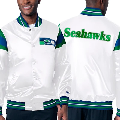 Veste universitaire à bouton-pression en satin Starter White Seattle Seahawks Throwback pour hommes