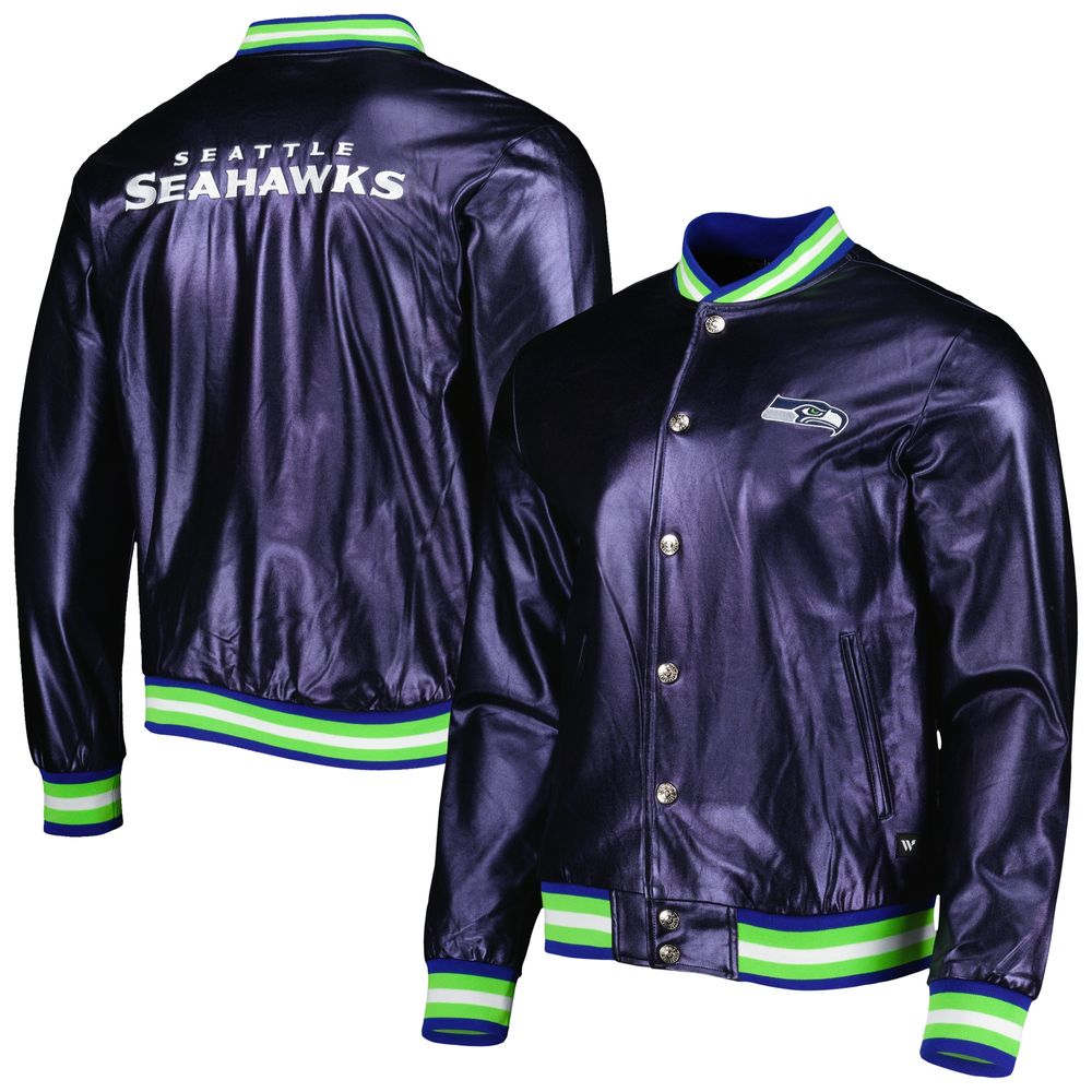 The Wild Collective Men's The Wild Collective College Navy Seattle Seahawks  Metallic Bomber Full-Snap Jacket