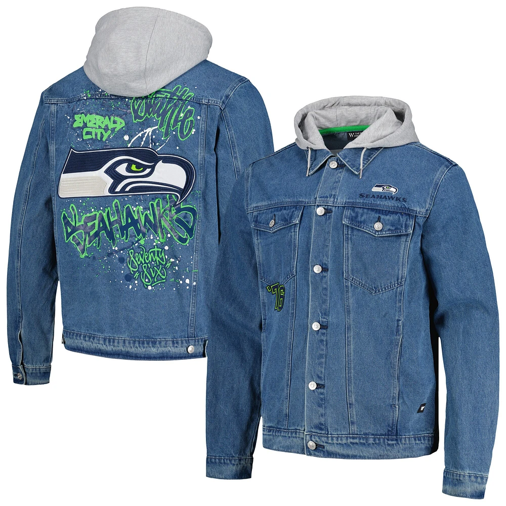 Veste en jean à capuche et boutons complets pour hommes The Wild Collective Seattle Seahawks