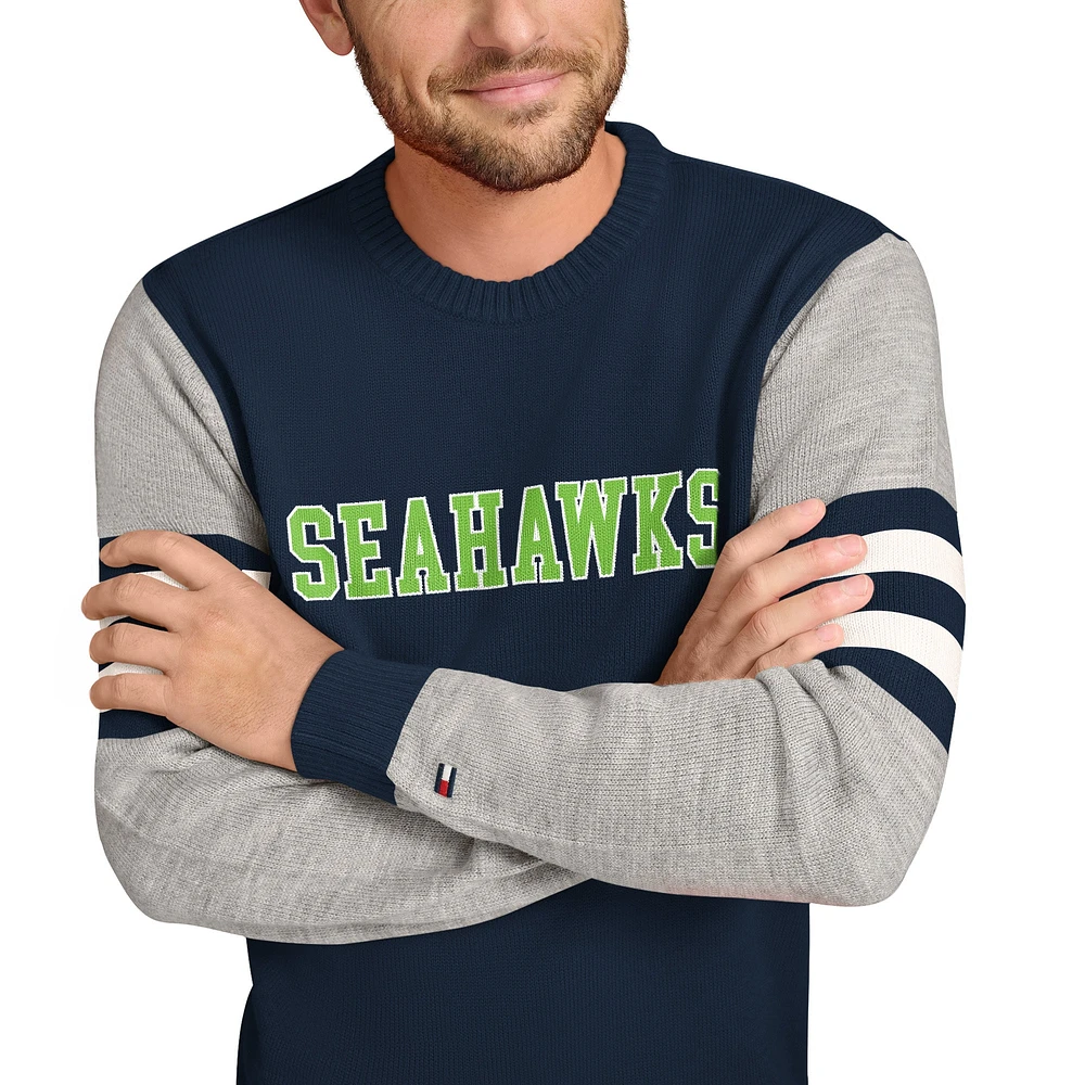 Men's Tommy Hilfiger College Navy/Heather Gray Seattle Seahawks Acrylic Crewneck Pullover Sweatshirt