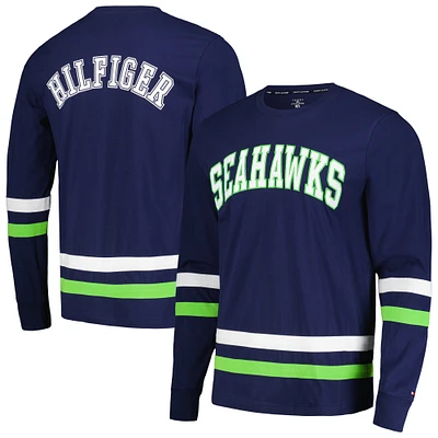 T-shirt à manches longues Tommy Hilfiger College Navy/Vert Fluo pour hommes Seattle Seahawks Nolan