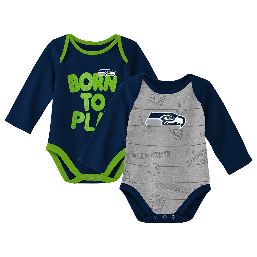 Newborn & Infant College Navy/Heathered Grey Seattle Seahawks Born To Win Lot de deux bodys à manches longues