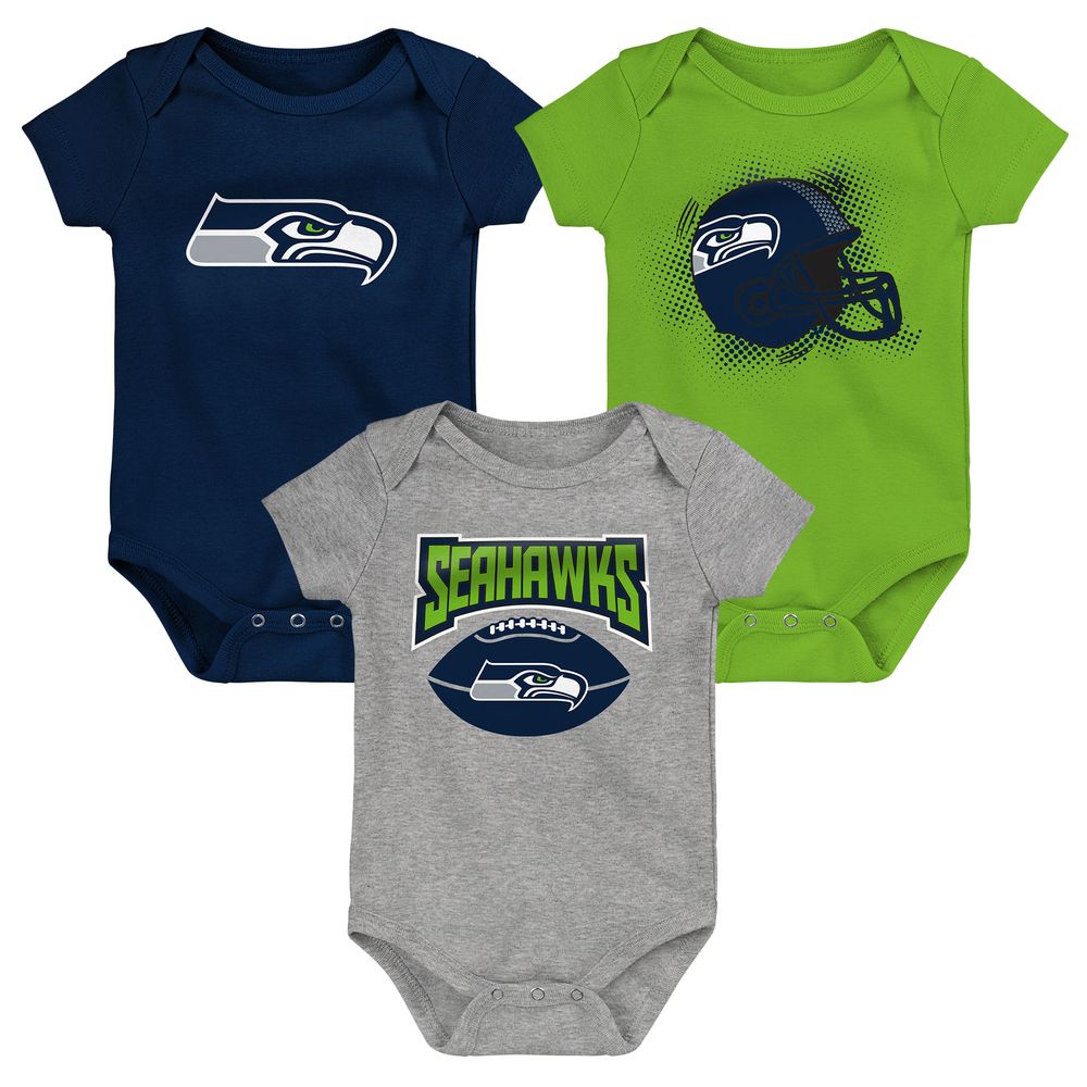 Newborn & Infant College Navy/Neon Green/Heathered Gray Seattle Seahawks Game On Three-Piece - Bodysuit Set