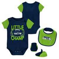 Newborn & Infant College Navy/Neon Green Seattle Seahawks 3-Piece Little Champ Bodysuit Bib Booties - Set