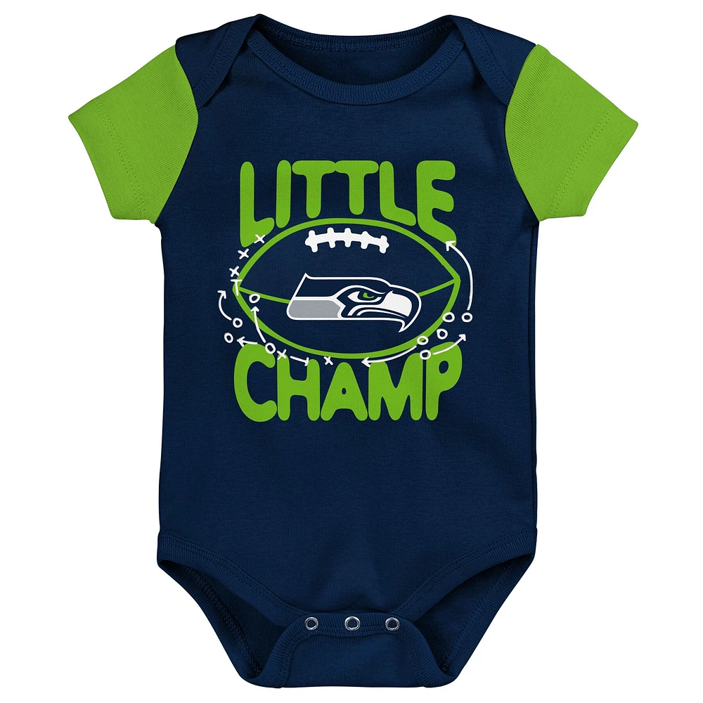Newborn & Infant College Navy/Neon Green Seattle Seahawks 3-Piece Little Champ Bodysuit Bib Booties - Set