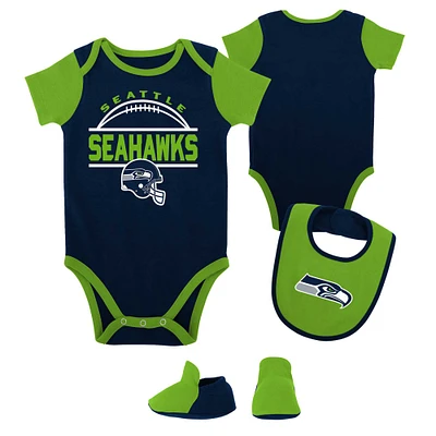 Ensemble trois pièces body, bavoir et chaussons pour nouveau-nés nourrissons, bleu marine universitaire/vert fluo, Seattle Seahawks Home Field Advantage