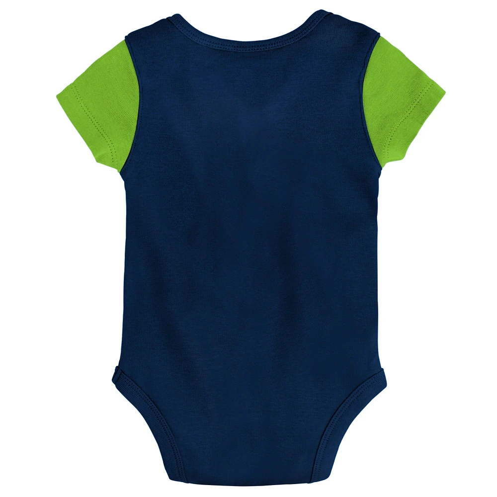 Newborn & Infant College Navy/Neon Green Seattle Seahawks Little Champ Three-Piece Bodysuit Bib Booties Set