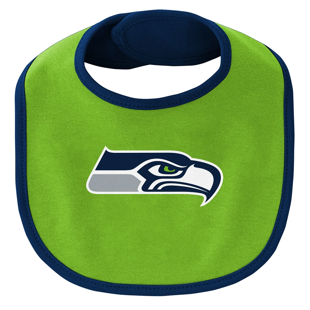 Newborn & Infant College Navy/Neon Green Seattle Seahawks Little Champ Three-Piece Bodysuit Bib Booties Set