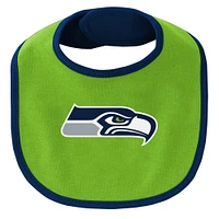 Newborn & Infant College Navy/Neon Green Seattle Seahawks Little Champ Three-Piece Bodysuit Bib Booties Set