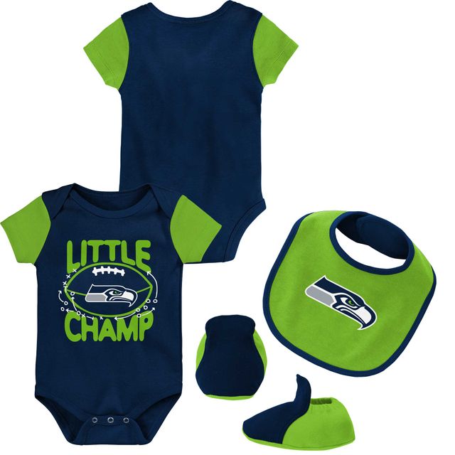 Ensemble bavoir et chaussons trois pièces pour nouveau-né bébé College Navy/vert fluo Seattle Seahawks Little Champ