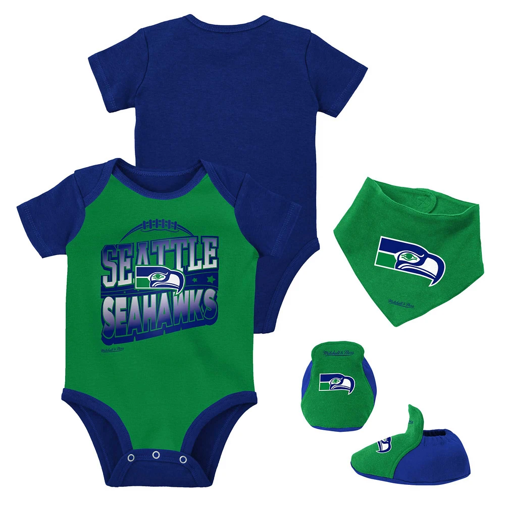 Nouveau-né et nourrisson Mitchell & Ness - Ensemble body, bavoir chaussons vert/royal Seattle Seahawks Throwback Big Score