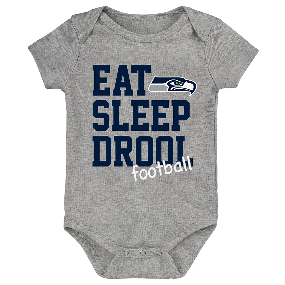 Ensemble de trois bodys rétro Eat, Sleep & Drool des Seattle Seahawks pour nouveau-nés et nourrissons, bleu marine/royal/gris chiné