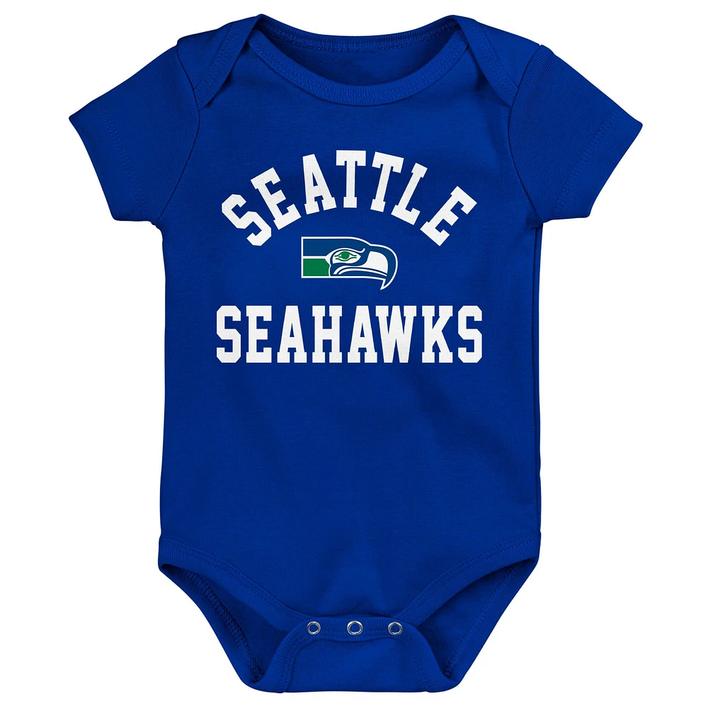 Ensemble de trois bodys rétro Eat, Sleep & Drool des Seattle Seahawks pour nouveau-nés et nourrissons, bleu marine/royal/gris chiné