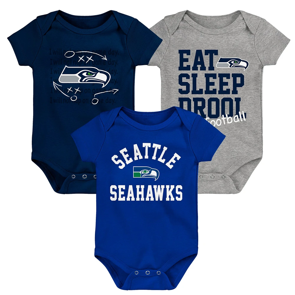 Ensemble de trois bodys rétro Eat, Sleep & Drool des Seattle Seahawks pour nouveau-nés et nourrissons, bleu marine/royal/gris chiné