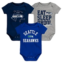 Newborn & Infant Navy/Royal/Heather Gray Seattle Seahawks Three-Pack Eat, Sleep Drool Retro Bodysuit Set